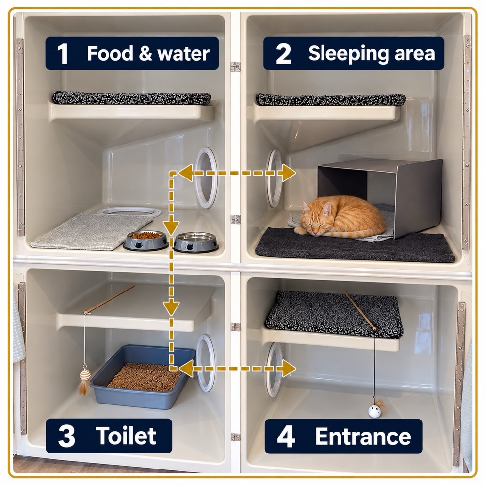 Four connected rooms form one private cat condo: food and water, sleeping area, toilet, and entrance.